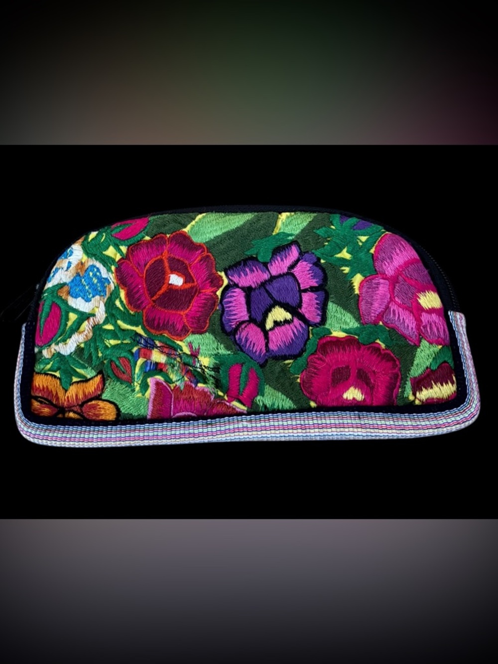 Colorful Handmade Floral Embroidered Clutch/Cosmetic Case- Pink, Purple & Green